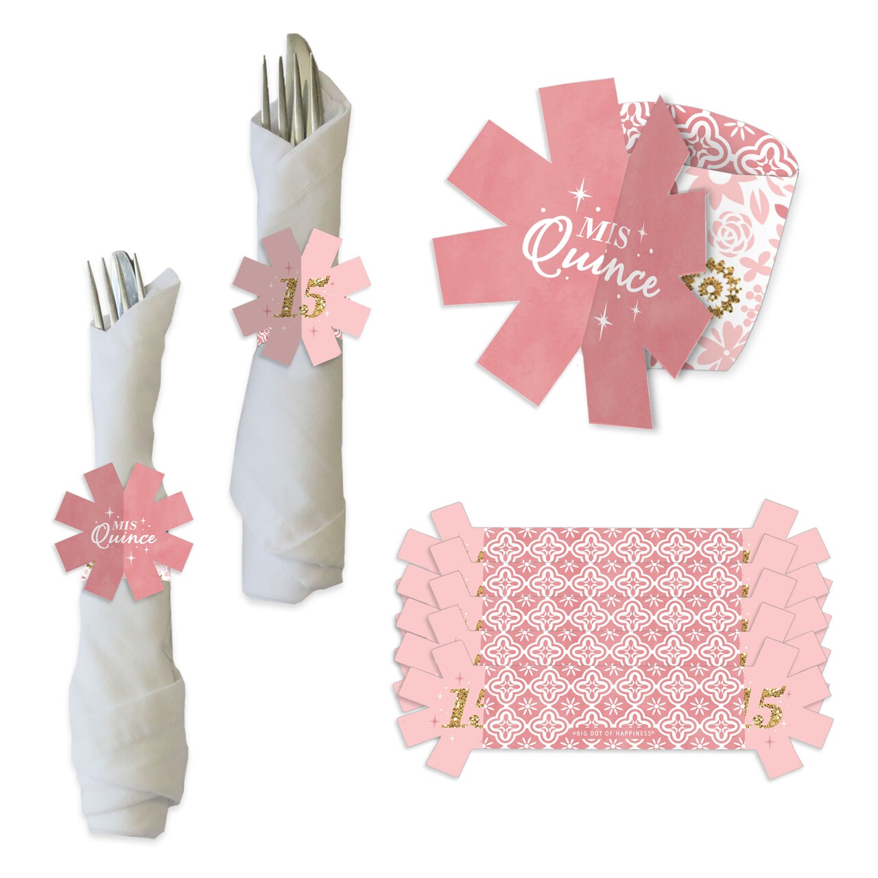 Big Dot of Happiness Mis Quince Anos - Quinceanera Sweet 15 Birthday Party Paper Napkin Holder - Napkin Rings - Set of 24